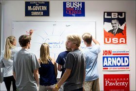 Students in a 9th grade U.S. government class at Valley View Middle School in Edina, Minn., work amid past campaign posters. Teachers say this year's divisive presidential election has proven hard to teach.