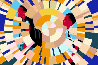 Colorful abstract circular, fragmented design with two Black students showing in pieces of the fragmented shapes.
