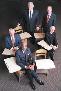 Clockwise from top, William J. Bennett, Lamar Alexander, Richard W. Riley, Rod Paige, and Lauro F. Cavazos at a Duke University meerting.