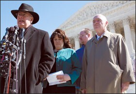 Kenneth W. Starr, left, the lawyer for Deborah Morse, talks to reporters after the U.S. Supreme Court heard arguments over whether a student's "Bong Hits 4 Jesus" banner was protected speech. Ms. Morse, center, was the Alaska high school principal who disciplined the student. At right is Barry R. McCaffrey, a former White House drug czar.