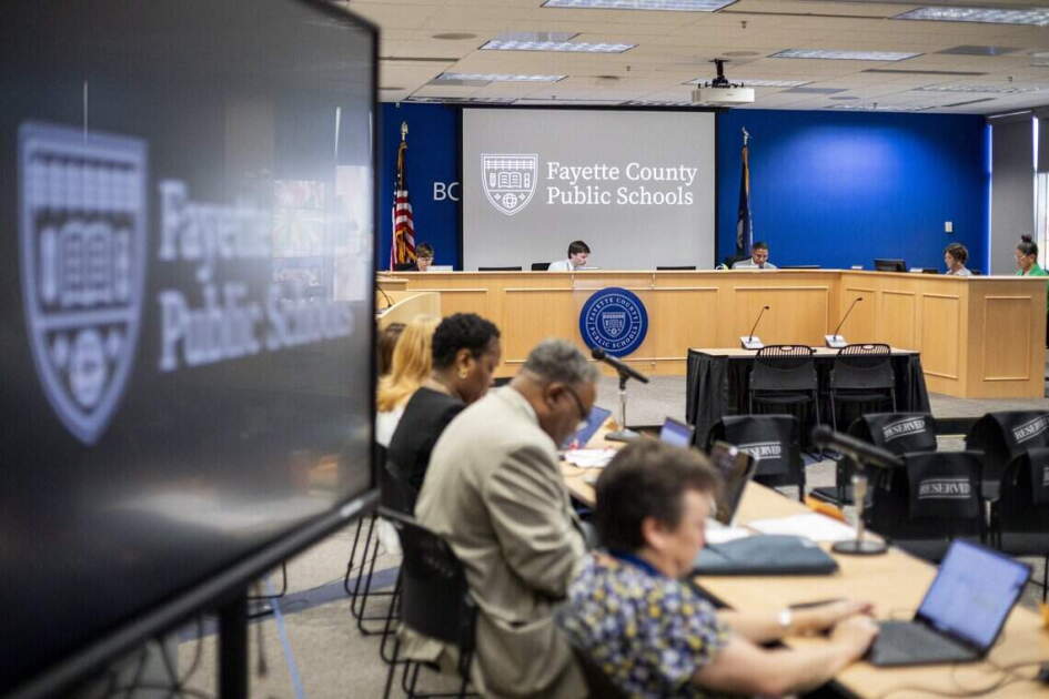 Board members speak during a school board meeting on Monday, Aug. 18, 2025 , at Fayette County Public Schools Central Office in Lexington, Ky.