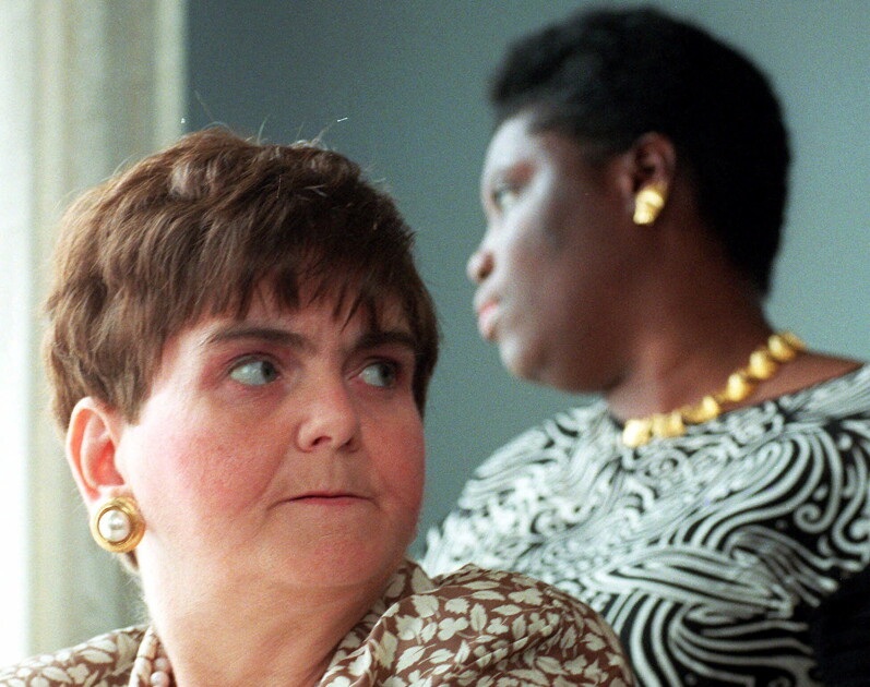 Elaine Wilson, left, and Lois Curtis are shown in this April 10, 1999 file photo. States may have to place people with mental disabilities in homelike settings if they can fare just as well there as in state hospitals, the Supreme Court said Tuesday, June 22, 1999. The decision did not provide the final word in the legal battle of the two Georgia women who sued Georgia to get out of a state mental hospital in Atlanta. Elaine Wilson and Lois Curtis had been approved for community-based care but f