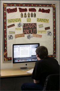 Jeffrey Fleis, 16, also of Dearborn Heights, works on an online class in a building in Inkster, Mich., used by Westwood Cyber High.