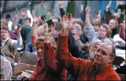Residents of Deerfield, N.H., vote on one of several education policy issues on the agenda for the annual school district meeting on March 19 at Deerfield Community School.
