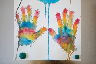 Student artwork hangs in a hallway at the Wyoming Girls School. The school reported that by the end of their terms at the school, students significantly improved on social-emotional inventories. For example, they were two or more times as likely to strongly agree that they felt safe, were comfortable asking questions in class, and “enjoy learning new things.”