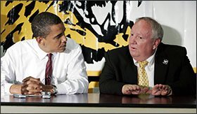 Dillon County School Superintendent Ray Rogers speaks with Democratic presidential candidate Sen. Barack Obama during a meeting at J.V. Martin Junior High School on Aug. 23, 2007, in Dillon, S.C.