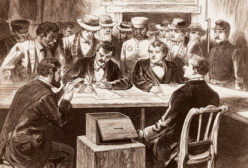 A vintage illustration of ballot counting following the disputed 1876 presidential election between Republican Rutherford B. Hayes and Democrat Samuel J. Tilden.