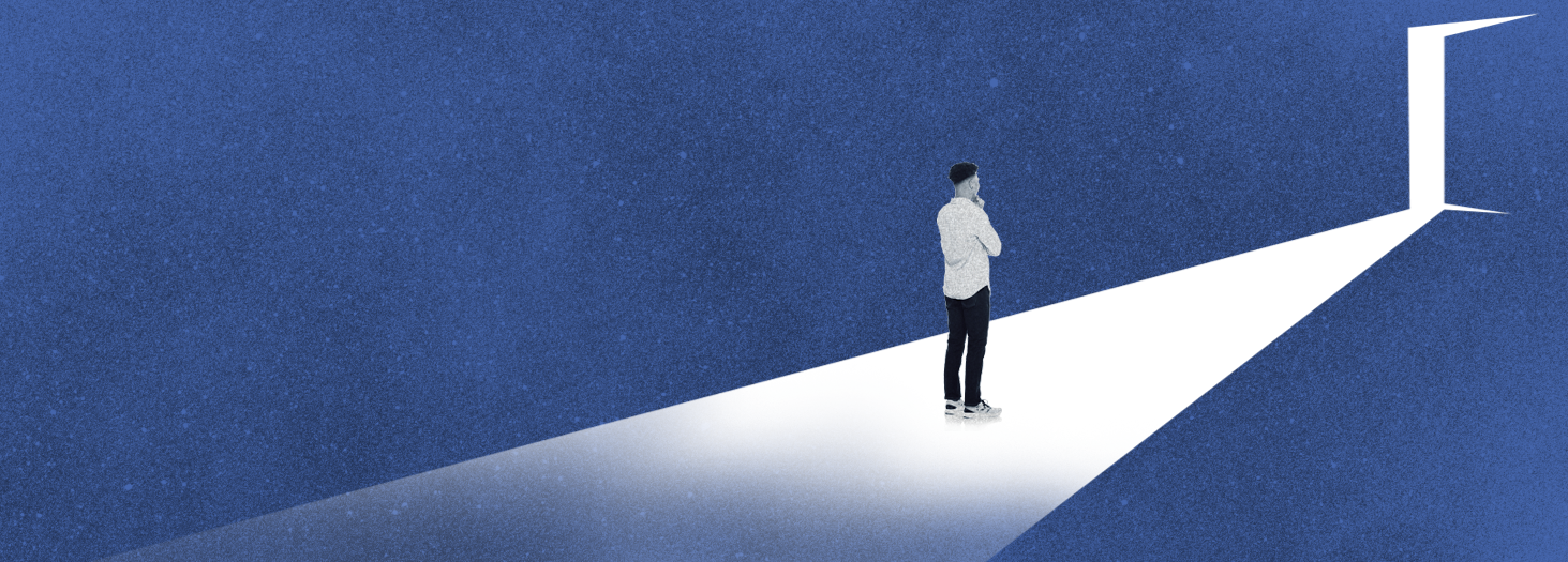 Conceptual photo illustration of a young person looking toward a closing door