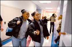 Both displaced from the New Orleans area by Hurricane Katrina, Anthea Fields, left, and Dalyn Jones have become fast friends since showing up on the same day in September to enroll at Reservoir High School in Laurel, Md. They say having each other has helped them adjust to unfamiliar surroundings.