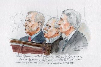 Plaintiff Mark Janus, center, sits with Illinois Gov. Bruce Rauner, left, and Liberty Justice Center founder and chairman John Tillman inside the U.S. Supreme Court as the decision in Janus v AFSCME is delivered. The Illinois-based Liberty Justice Center has been representing Janus in his years-long challenge to union fees.