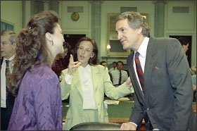 Actress Marlee Matlin, center, who is deaf, signs to actress Emma Samms, left, and U.S. Sen. Tom Harkin before a Senate subcommittee hearing in 1990. Sen. Harkin, just retired from Congress, was a dogged advocate for those with disabilities and had a deep impact on federal education policy.