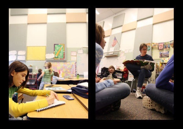 (left) Sixth-grader Addy Nolan works at her desk. The number of charters has grown from about 2,700 schools serving 670,000 students in the 2002-03 academic year to more than 4,000 schools serving 1.2 million in 2007-08.(right) Becky Delana gives a spelling quiz in the shared fifth- and sixth-grade classroom. In general, charters face a much tougher time than regular public schools in financing facilities, analysts say. Anser spends about 15 percent of its operating budget each year for capital expenses, including to pay for the installation of acoustic tiles in the otherwise boomy classrooms with their high ceilings.
