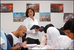 Fordson High teacher Nabila Hammami reviews Arabic translations with students.