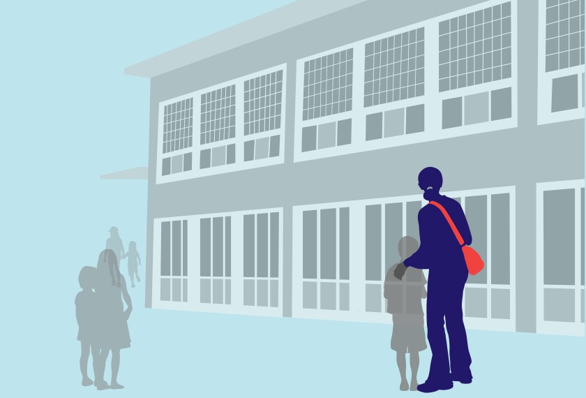 Illustration of a parent and child outside of a school building.