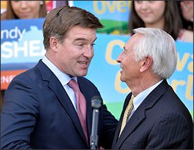 Kentucky Democratic gubernatorial candidate Jack Conway, left, shakes hands with Gov. Steve Beshear before speaking to a group of supporters last spring in Frankfort. Three states are electing governors in 2015.