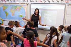 Kindergartners take part in a read-aloud session led by their teacher, Jamie Landahl, at Ruby Duncan Elementary School in North Las Vegas.