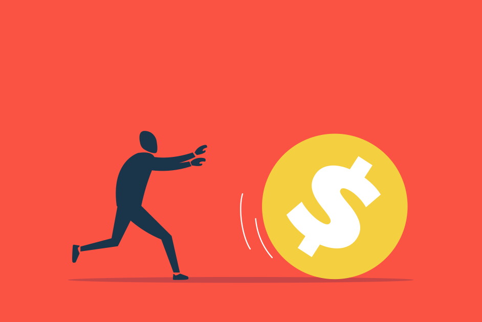 Businessman running to catch money. Concept of chasing, challenge or risk, loss of finances.