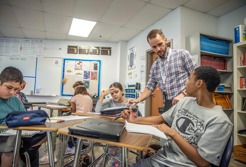 Frank Rivera teaches 7th grade ELA at Chaparral Star Academy in Austin, Texas, on Nov. 15, 2023.