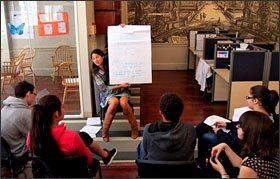 Academic coach Christina Hewko leads one of the after-lunch advisory meetings at San Francisco Flex Academy. The school operates on a blended learning model in which students have some face-to-face time with instructors and some online class time at individual workstations.