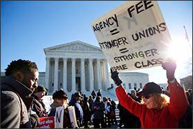 Lesa Curtis of Westchester, N.Y., right, a former president of her union, rallies outside the U.S. Supreme Court, which heard arguments Jan. 11 in Friedrichs v. California Teacher's Association.