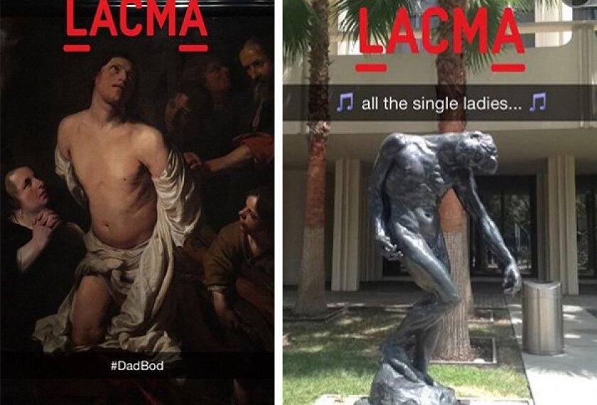The Los Angeles County Museum of Art takes snapchats -- text or emoji overlays on images -- of works in its collection. The snapchat on the left shows an annotated version of the 1652 oil painting “The Martyrdom of Saint Lawrence” by Salomon de Bray. The one on the right depicts the bronze sculpture “The Shade” by Auguste Rodin.