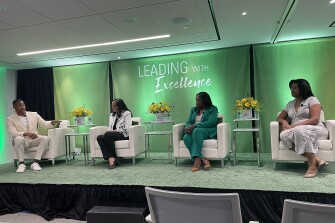 Alexandria City Schools Superintendent Melanie Kay-Wyatt, Aldine Independent School District Superintendent LaTonya M. Goffney, and CEO of Baltimore City Schools Sonja Brookins Santelises at a panel discussion on Black women superintendents at the Education Trust on May 10, 2023. The panel was hosted by Arthur Jones, III, an ABC News producer/reporter.