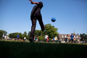 Students play kickball during the Center for Talented Youth summer session at Lafayette College.
