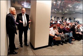 Akron, Ohio, Mayor Don Plusquellic, left, and Akron schools superintendent David James talk before an Ebola media update last week. The Akron district shut down one of its elementary schools for several days after learning that a student's parent had contact with healthcare worker Amber Joy Vinson, who was diagnosed with the Ebola virus.