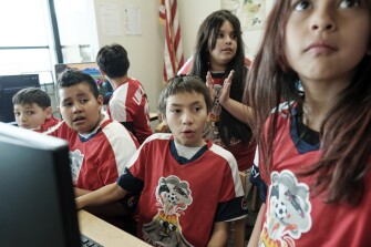 Angelo Griego, center, photographed playing computer games during the Genius Hour Esports class at Lavaland Elementary in Albuquerque, New Mexico, on January 23, 2026.