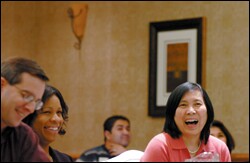 Suttiwan Cox, the director of a Georgia charter school, laughs in a marketing class in Washington. She says she's in the Leadership for Educational Entrepreneurs, or LEE, master's program more to get needed skills than a degree.