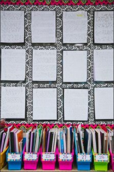 A collection of student essays is displayed on the wall of Ms. Yepez’s classroom.