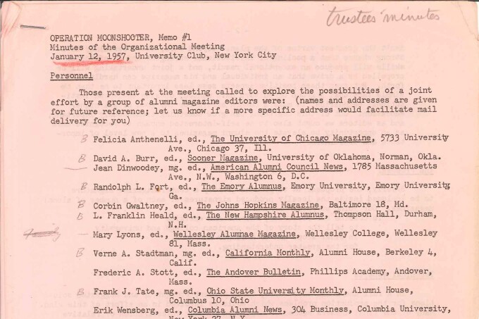 Operation Moonshooter, Minutes of the Organizational Meeting, Jan. 12, 1957 Series 1.1, Box 1, Folder 1 1