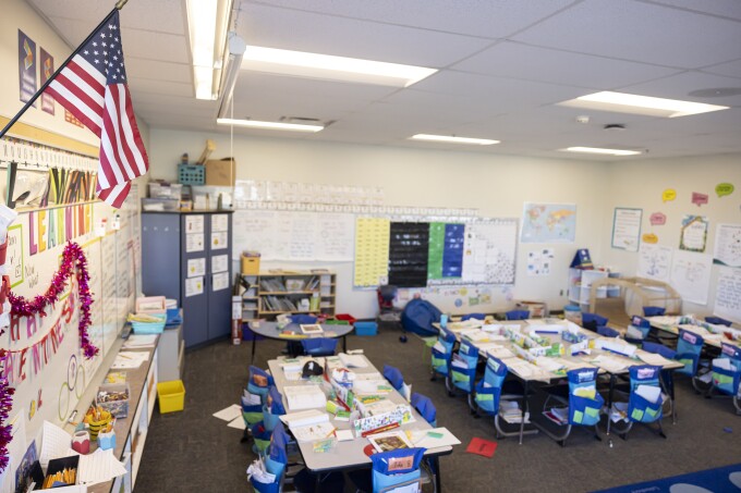 A first grade classroom at a school in Colorado Springs, on Feb. 12, 2026.