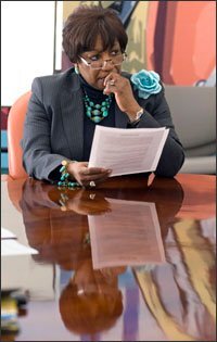 Arlene Ackerman, the superintendent of the Philadelphia public schools, listens during a meeting at her office last week.