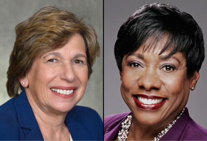 In this photo illustration, Randi Weingarten, the president of the American Federation of Teachers, left, and Becky Pringle, the president of the National Education Association, right.