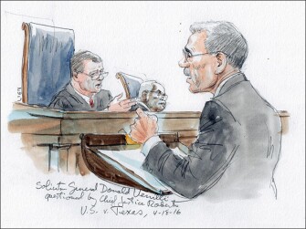 U.S. Solicitor General Donald B. Verrilli Jr. is questioned by Chief Justice John G. Roberts Jr. during arguments in United States v. Texas, a case about deportation relief, on April 18.