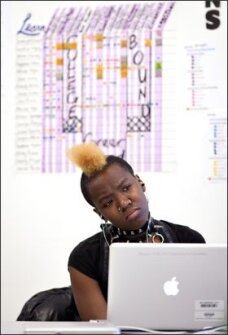 Alexandria Peterson, 19, a student at the Bronx Arena High School, works online on an assignment at the New York City school, which features a blended learning approach to help students who previously struggled in more traditional school environments.