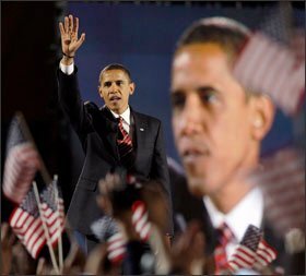 President-elect Barack Obama waves to his supporters after delivering his victory speech at his election night party at Grant Park in Chicago on Nov. 4.
