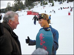 Show host Robert MacNeil gathers snowboarder lingo from Californian Jayk Goff.