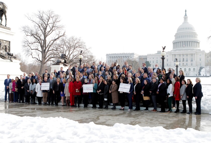 In this image provided by NAESP, elementary school principals gathered on Capitol Hill recently to meet with their state's congressional delegations in Washington