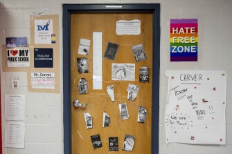 The door to Willie Carver’s classroom at Montgomery County High School in Mt. Sterling, Ky., on May 11, 2022.