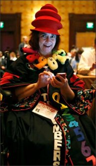 Rebecca Klemm, the founder of NumbersAlive!, a Washington-based company that works with students to improve numerical literacy through the use of fun number characters, shows off her dedication to numbers during SXSWedu.