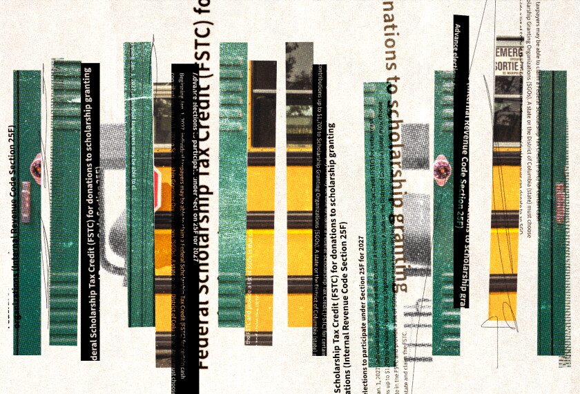 Collage-style illustration of tall vertical clippings of green lockers, a school bus and a wooden desk, all split apart. In between the images are clippings of text from the IRS webpage that has information about the Federal Scholarship Tax Credit.