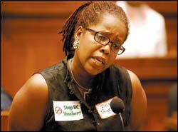 Washington parent Iris Toyer speaks out Sept. 3 against the proposed voucher pilot program for the District of Columbia.