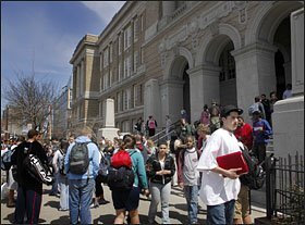 Students stream out of Portland High School, in Portland, Maine. The school has expanded the number of Advanced Placement classes it offers.