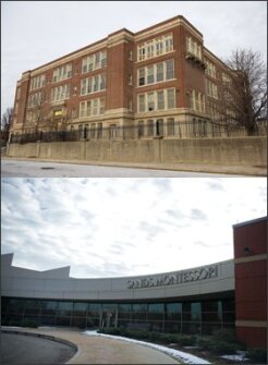 Tale of Two Buildings: Top: The 1912 building that once housed Sands in the West End now sits abandoned on Poplar Street. Bottom: Sands Montessori School today serves more affluent families on the east side of Cincinnati, but the school used to be located in the city’s West End community.