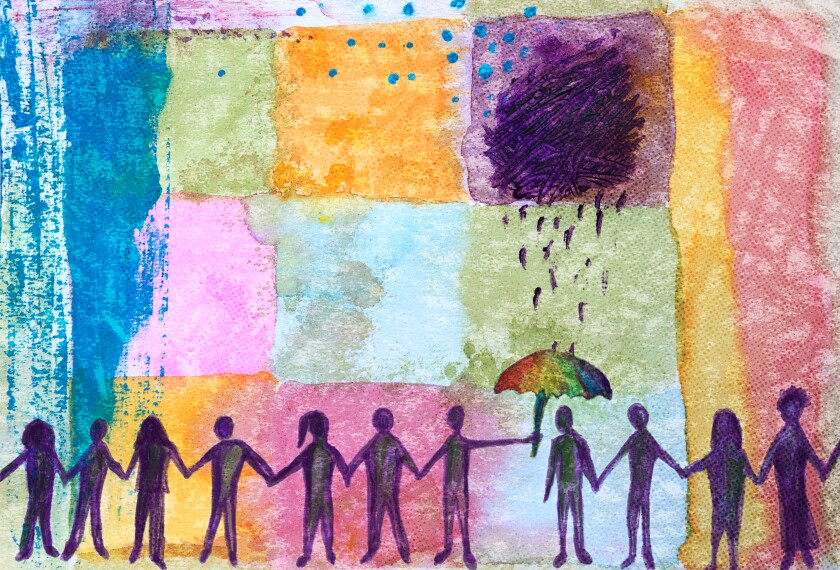 A group of figures joins hands and cares for one.