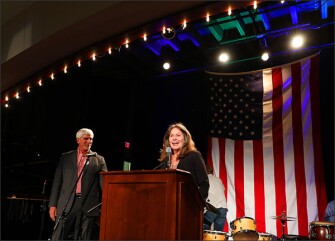 Melissa Provenzano, an assistant principal in Oklahoma, celebrates her House District 79 win during the Democratic watch party held at the Oklahoma Jazz Hall of Fame on Nov. 6 in Tulsa, Okla.