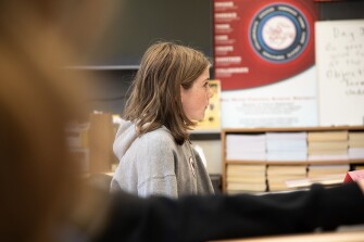 Students listen to Martha Strever, a math teacher at Linden Avenue Middle School in Red Hook, N.Y., during class on Sept. 6, 2024.