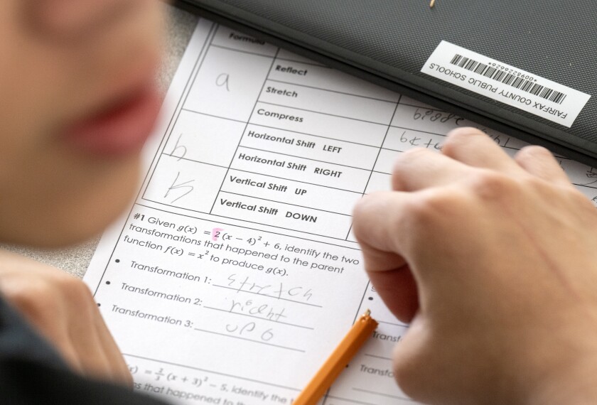 A student at Annandale High School in Virginia takes on a math assignment on April 8, 2026. An EdWeek Research Center survey of educators found that many believe students have particular weaknesses in fractions, overall pre-algebraic skills, and fluency in basic operations.